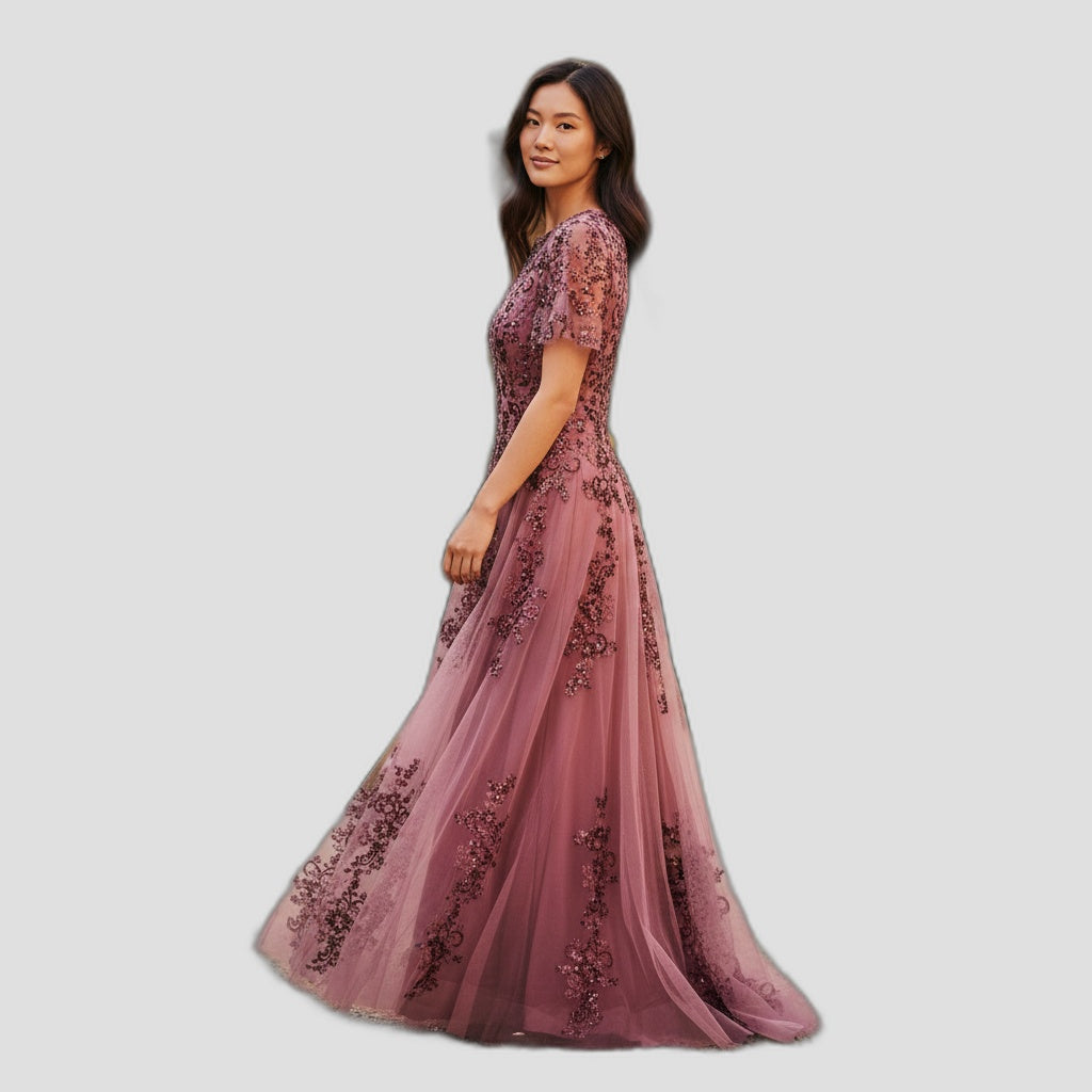 Elegant Floral Embroidered Evening Gown in Blush Pink for Special Occasions