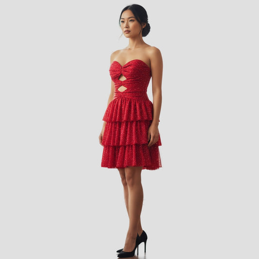 Fiery Red Cutout Ruffle Dress - Dazzle the Night Away