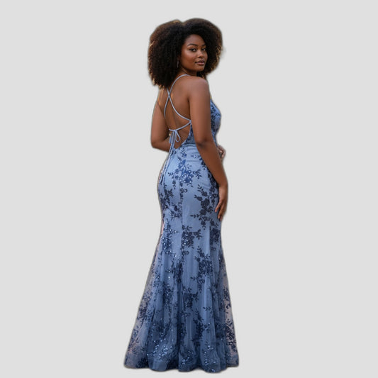 Blue Blossom Glamour Gown: A Sea of Sparkle