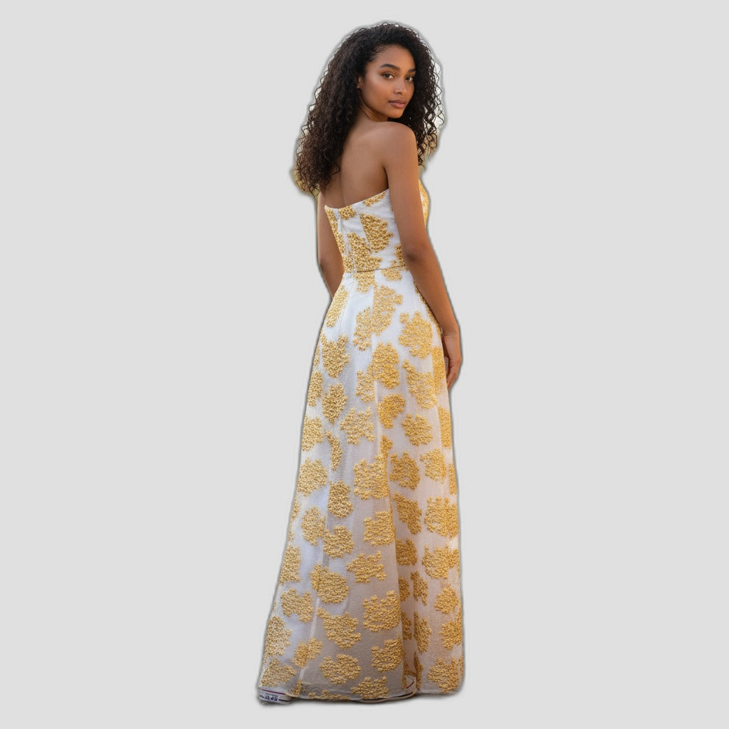 Golden Whimsy Strapless Maxi Dress: Shine Bright Tonight!