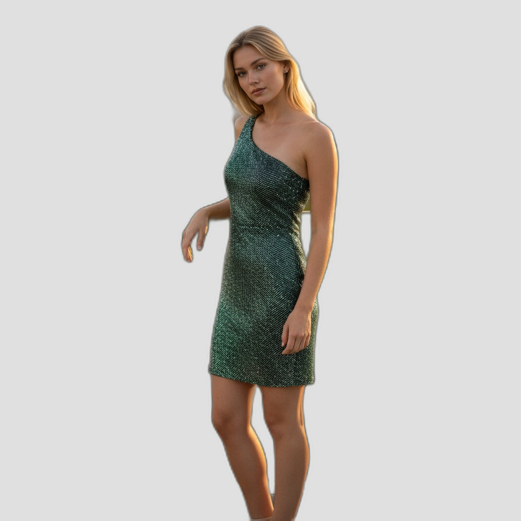 Glamorous Green One-Shoulder Sequin Mini Dress for Parties
