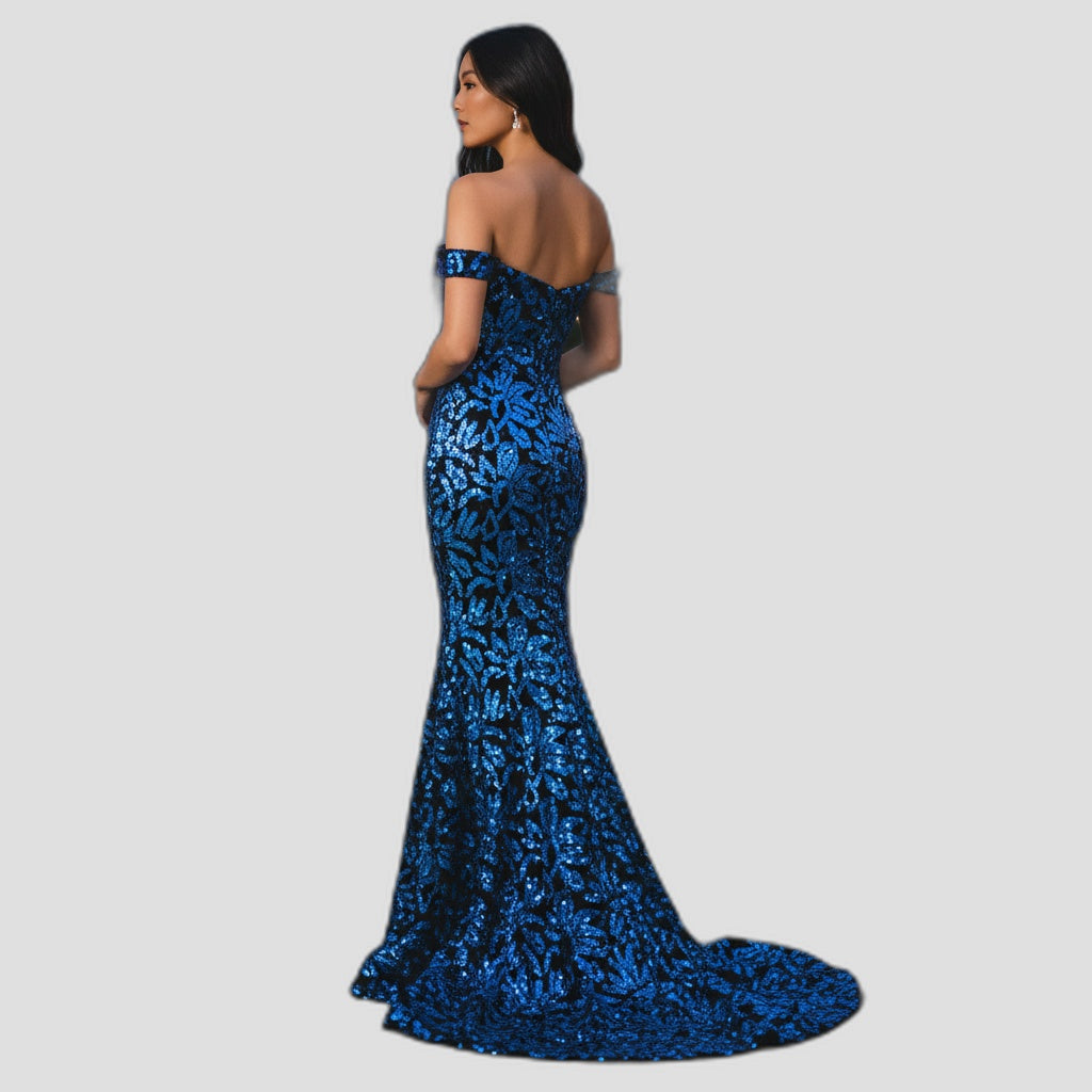 Haute Couture Elegant Blue Off-Shoulder Sequin Evening Gown for Special Occasions