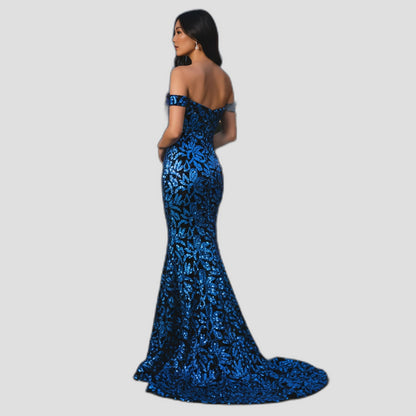 Haute Couture Elegant Blue Off-Shoulder Sequin Evening Gown for Special Occasions