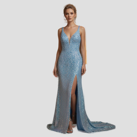 Dazzling Blue Sequined Mermaid Gown for Grand Entrances