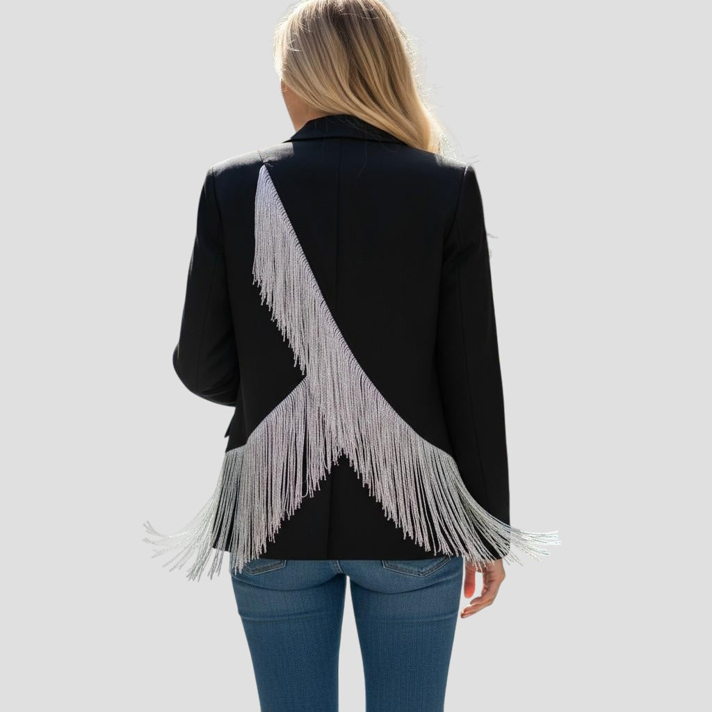 Chic Women's Blazer with Sparkling Fringe Back