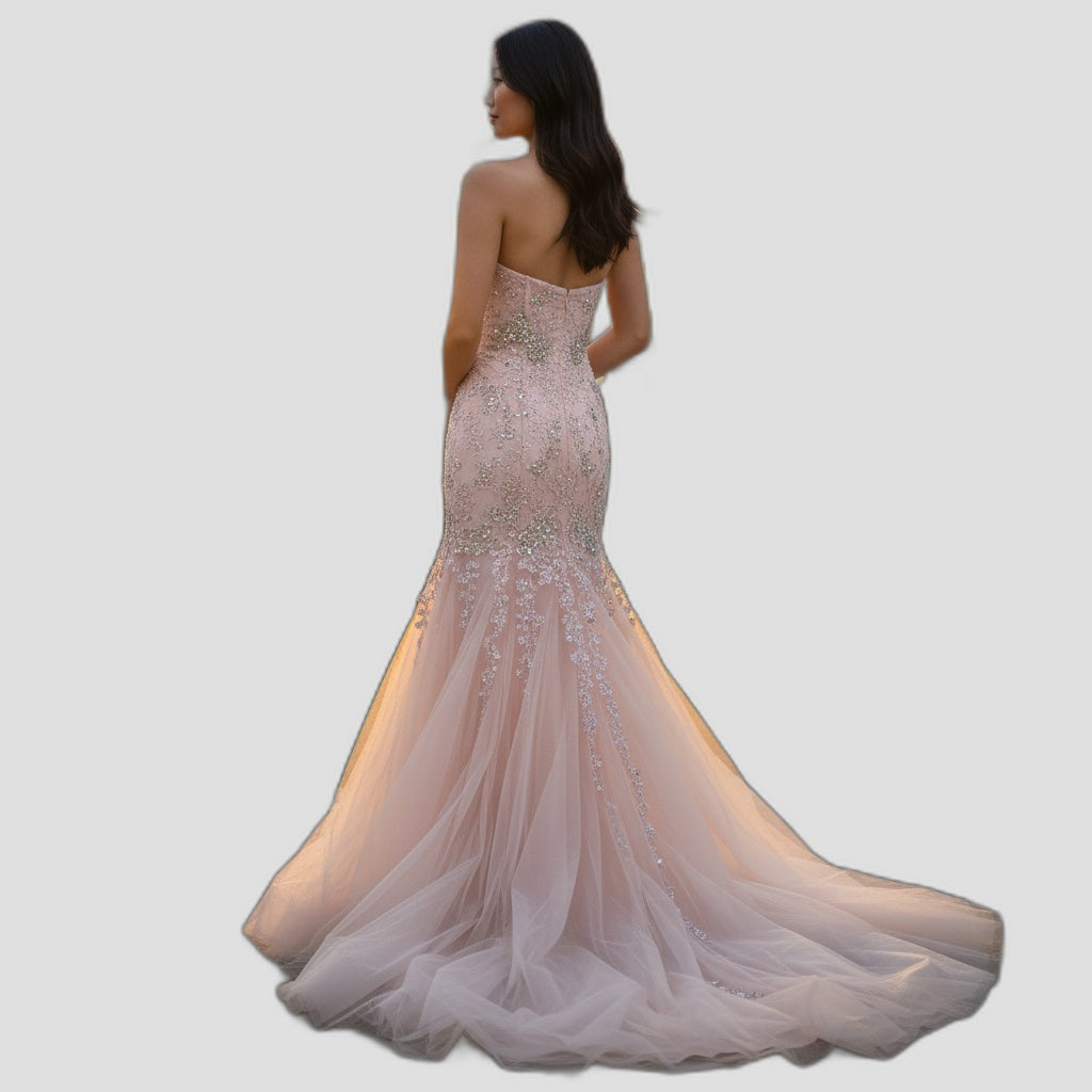 Dazzling Blush Beaded Tulle Gown for Unforgettable Nights