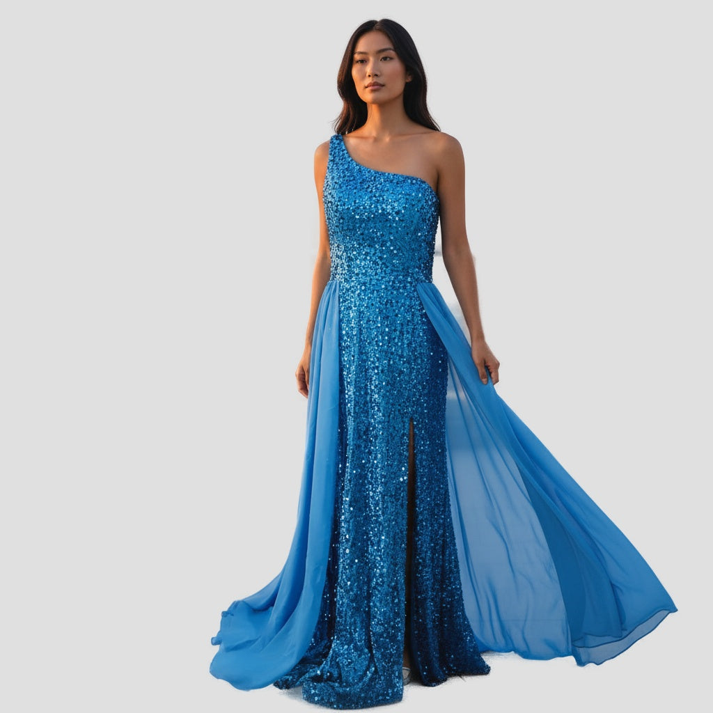 Dazzling Oceanic Sequin Gown with Show-Stopping Flow