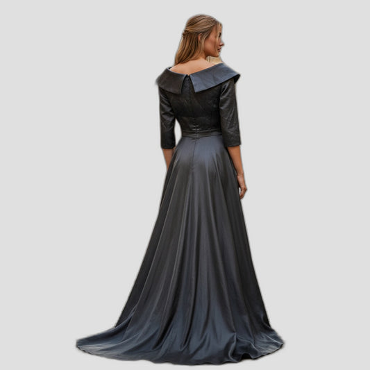 Elegant Black Satin Evening Gown with Dramatic Collar