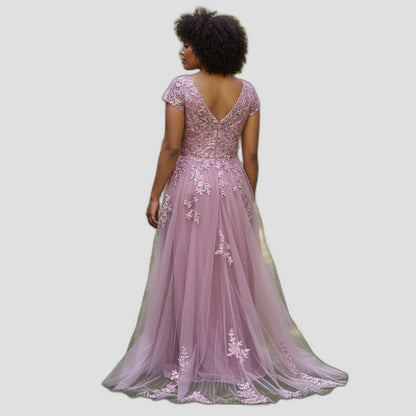 Elegant Blush Pink Tulle Evening Gown with Embroidery