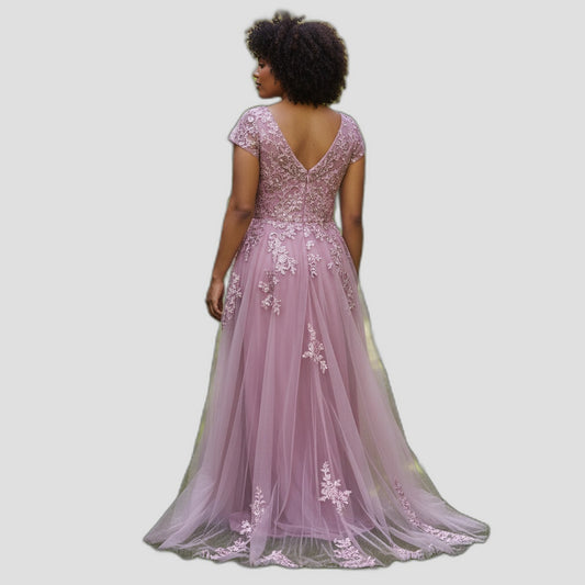 Elegant Blush Pink Tulle Evening Gown with Embroidery