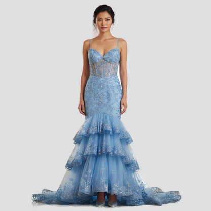 Dazzling Ice Blue Tiered Tulle Gown for Unforgettable Nights
