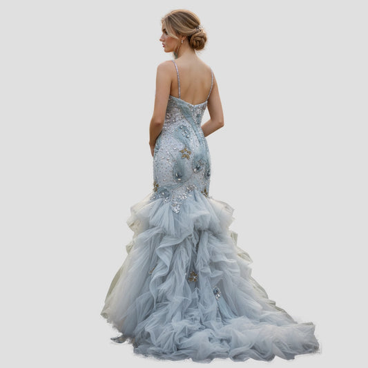 Dramatic Azure Mermaid Gown with Enchanting Ruffles