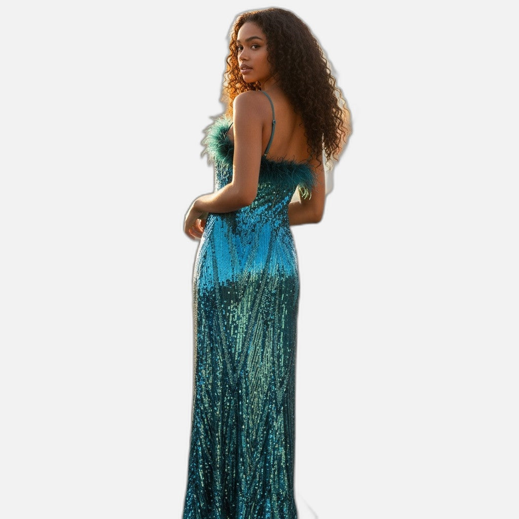Sparkle Queen Sequin Evening Dress with Feather Trim