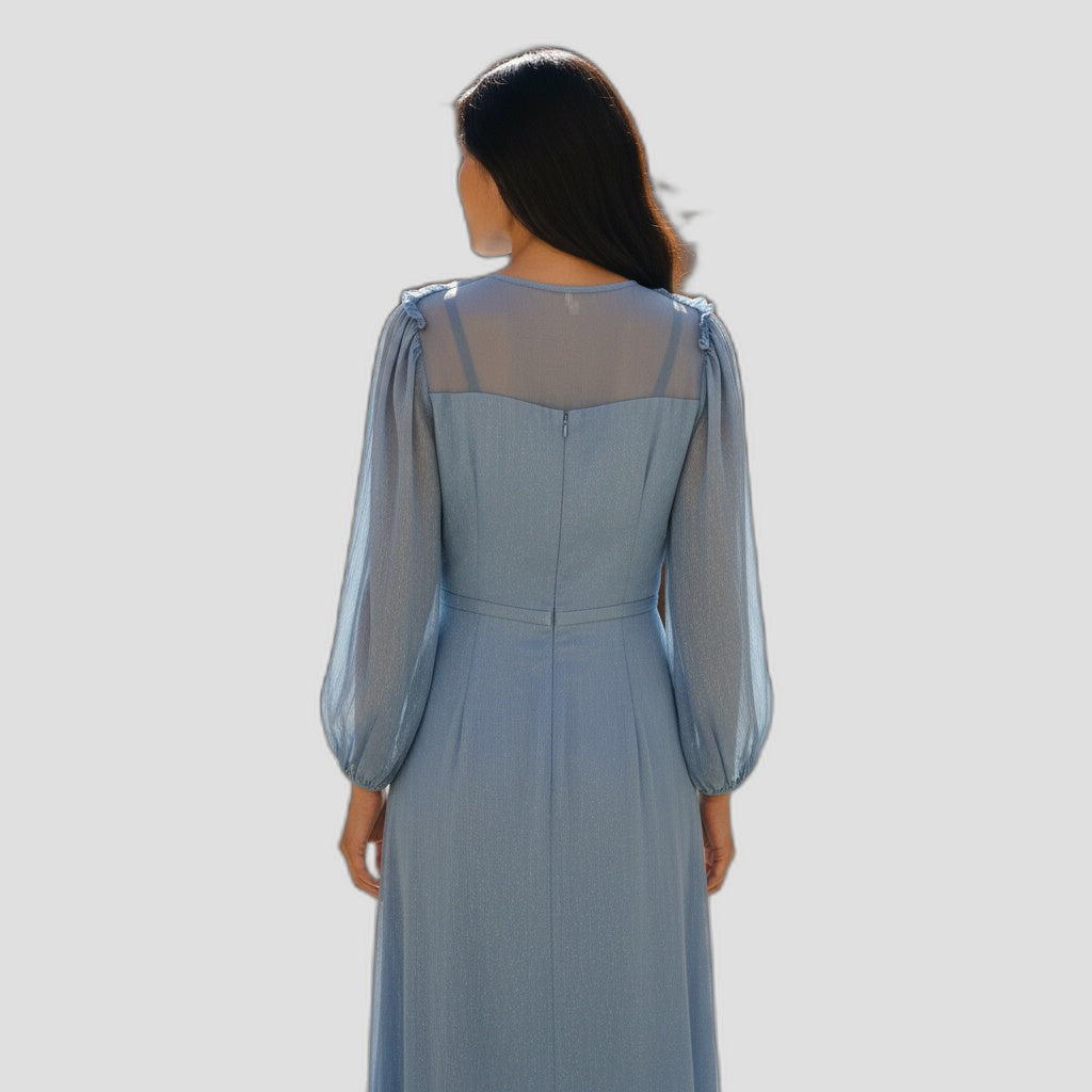Elegant Blue Chiffon Midi Dress with Sheer Sleeves for Special Occasions