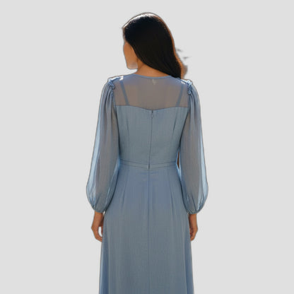 Elegant Blue Chiffon Midi Dress with Sheer Sleeves for Special Occasions
