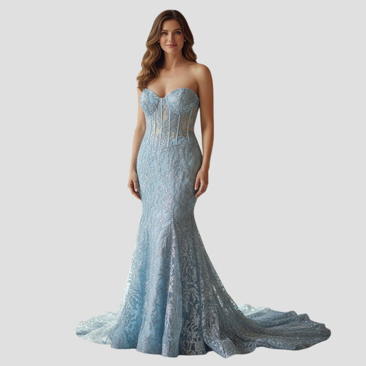 Aqua Dreamy Lace Mermaid Gown: Make Waves with Elegance!