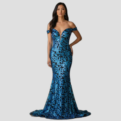 Haute Couture Elegant Blue Off-Shoulder Sequin Evening Gown for Special Occasions