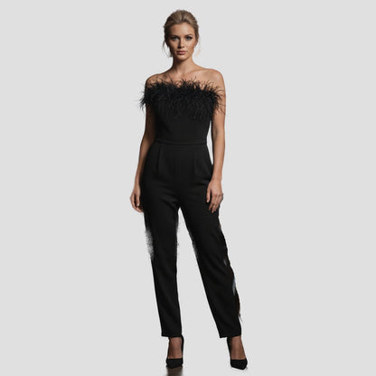 Fierce Black Feather-Trimmed Jumpsuit for Alluring Nights