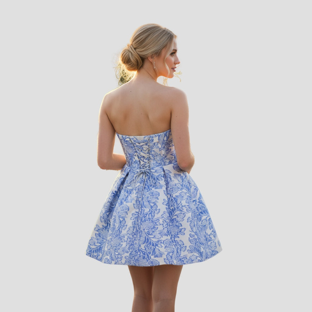 Dazzling Blue Toile Strapless Dress: Unleash Your Inner Icon