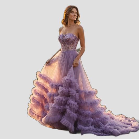 Elegant Lavender Strapless Tulle Evening Gown for Formal Events