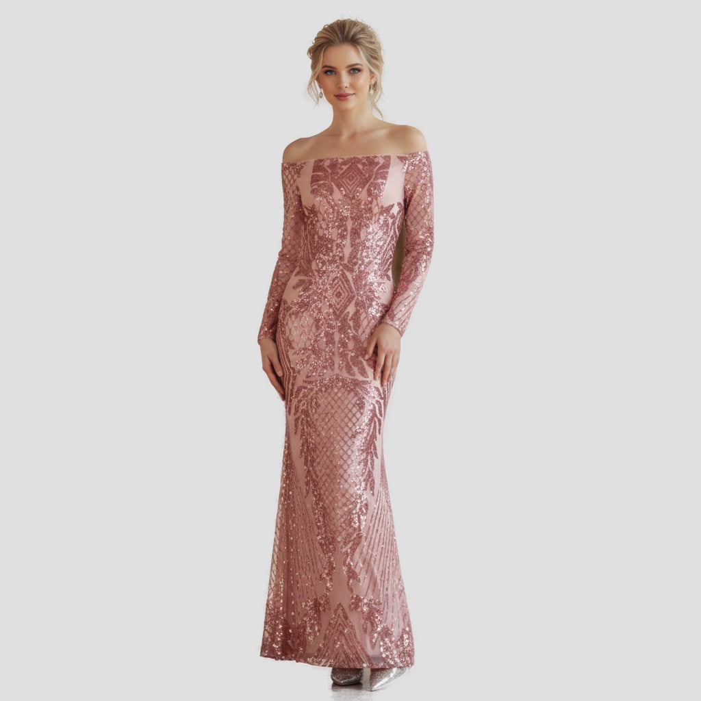 Dazzling Rose Gold Sequin Off-Shoulder Gown for Glam Events