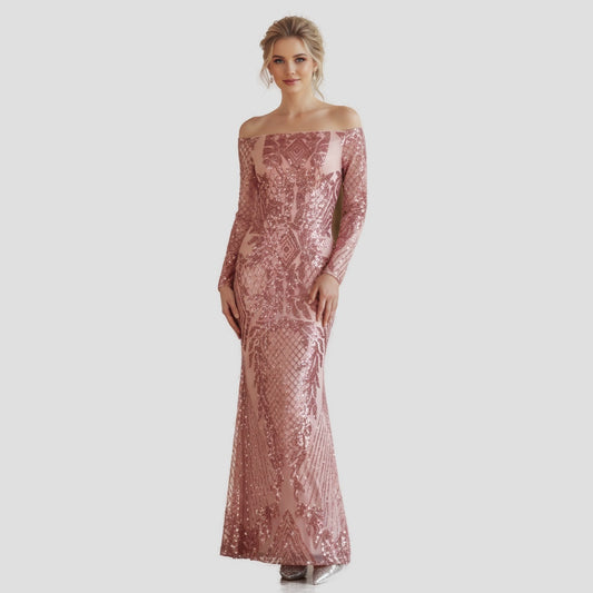 Dazzling Rose Gold Sequin Off-Shoulder Gown for Glam Events