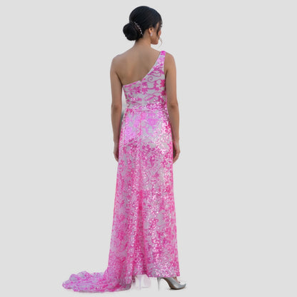 Dramatic Pink Floral One-Shoulder Gown for Unforgettable Nights