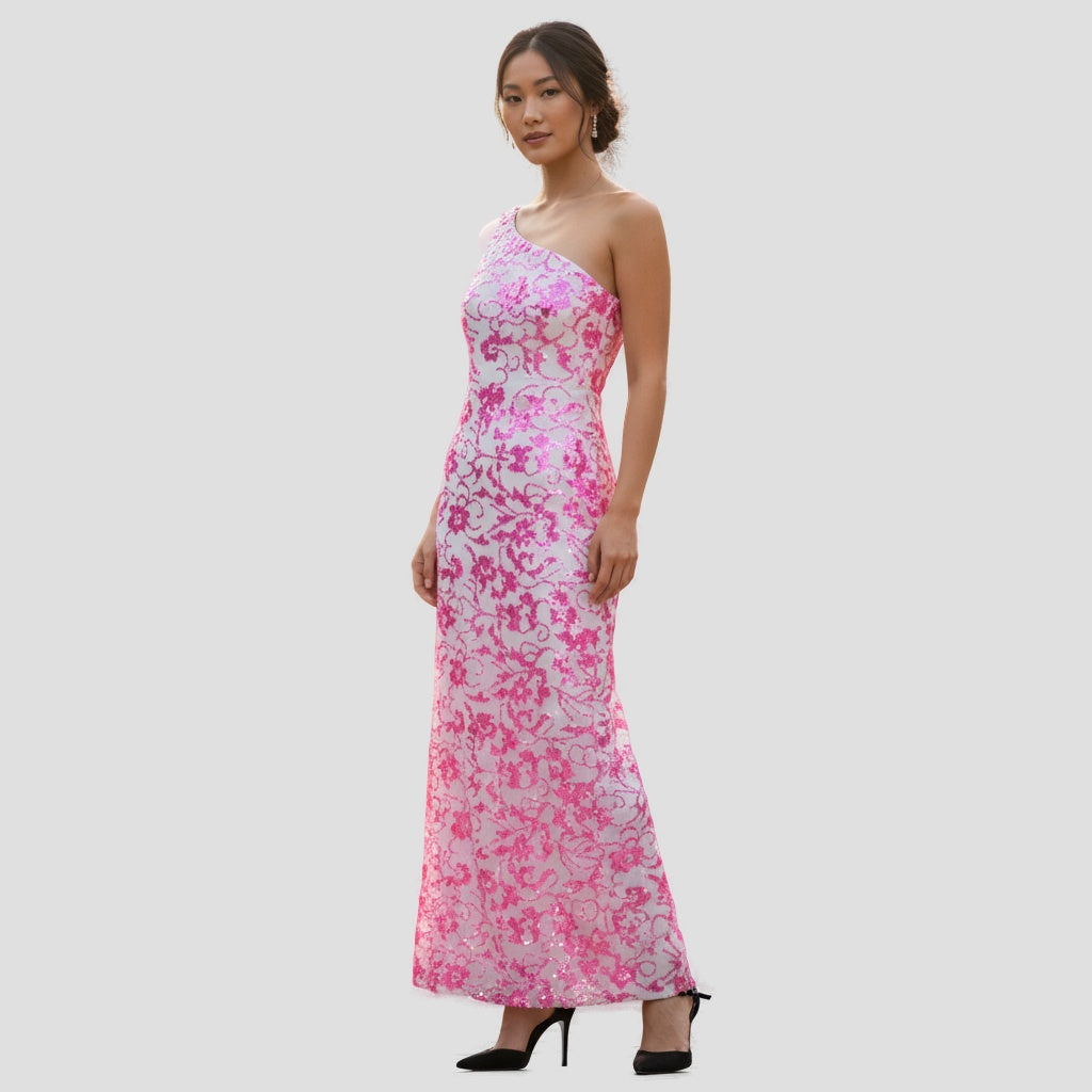 Dramatic Pink Floral One-Shoulder Gown for Unforgettable Nights