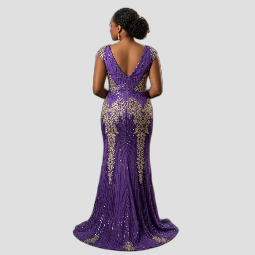 Royal Velvet Goddess Gown - Dazzle in Purple & Gold!