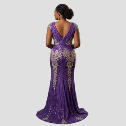 Royal Velvet Goddess Gown - Dazzle in Purple & Gold!