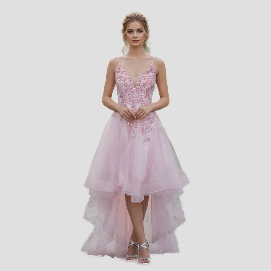 Dazzling Pink Glamour: High-Low Embroidered Evening Dress