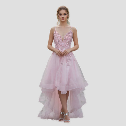 Dazzling Pink Glamour: High-Low Embroidered Evening Dress