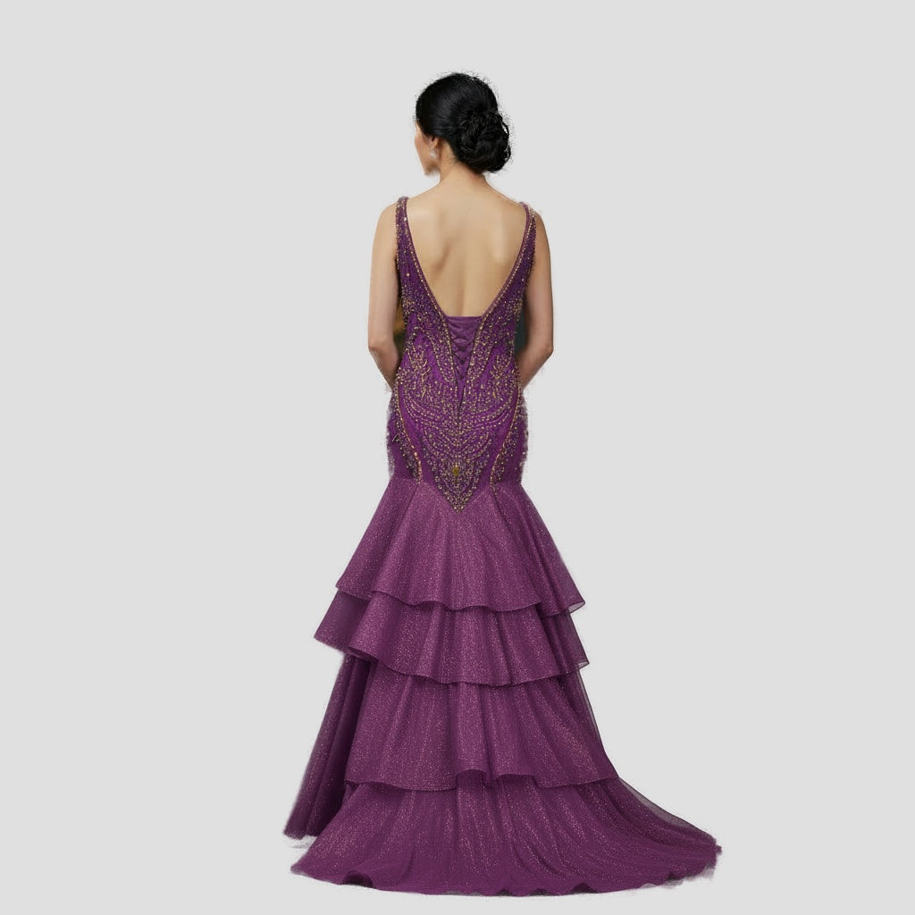 Dazzling Purple Mermaid Gown with Layered Drama