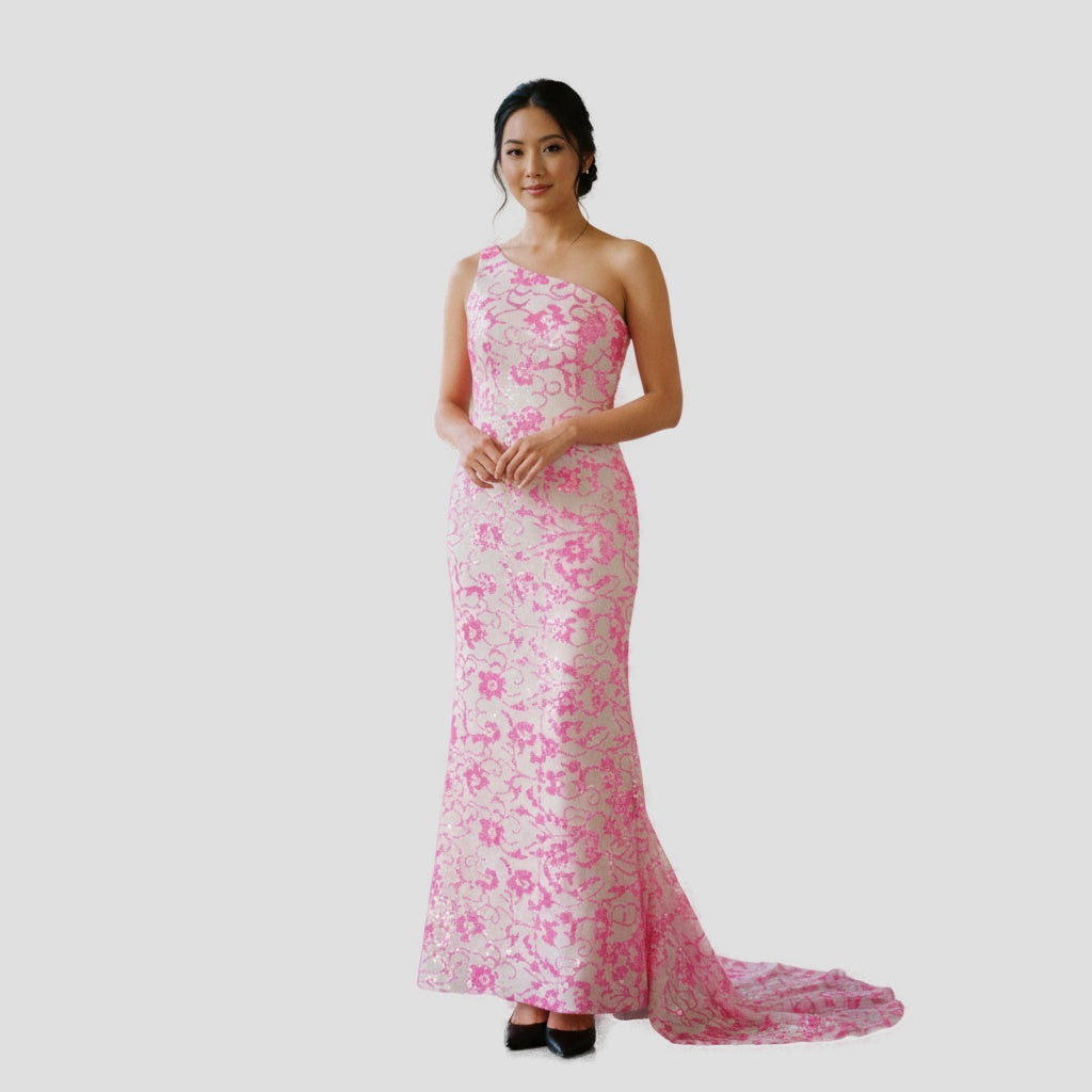 Dramatic Pink Floral One-Shoulder Gown for Unforgettable Nights