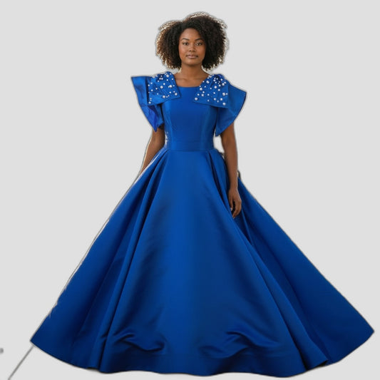 Royal Dynamics: Sapphire Ball Gown with Dramatic Flair