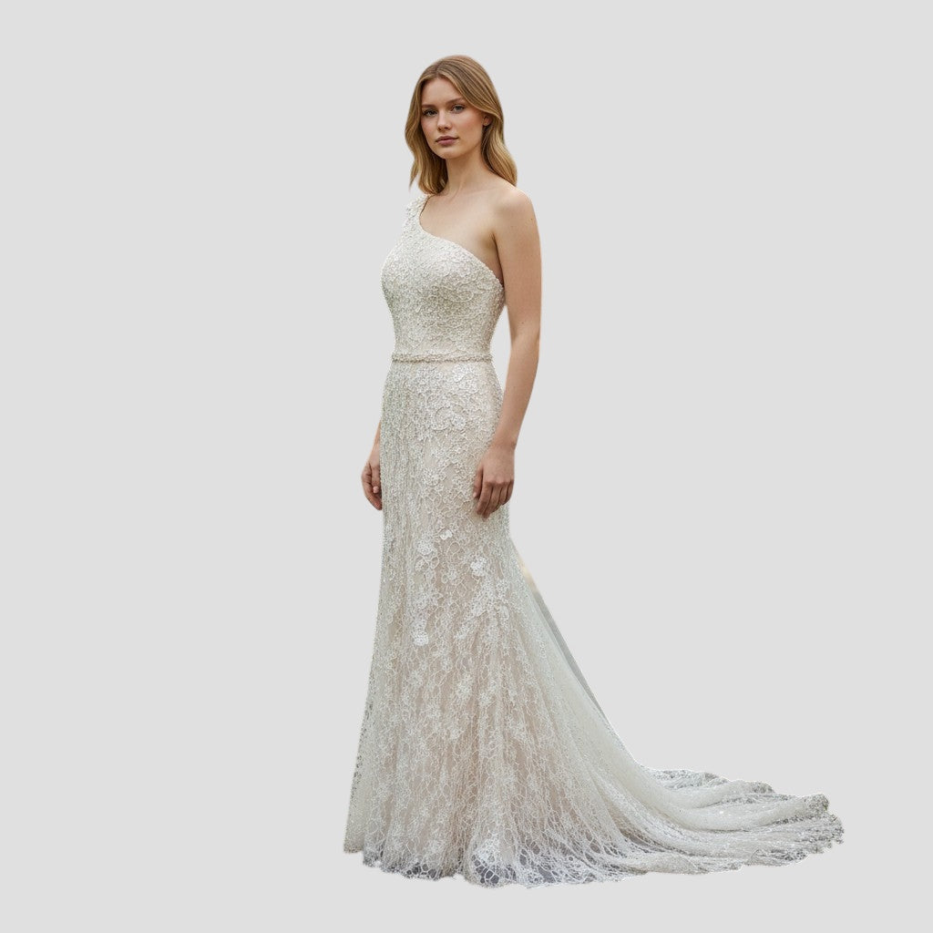 Whimsical Lace Dreams: The One-Shoulder Wonder Gown