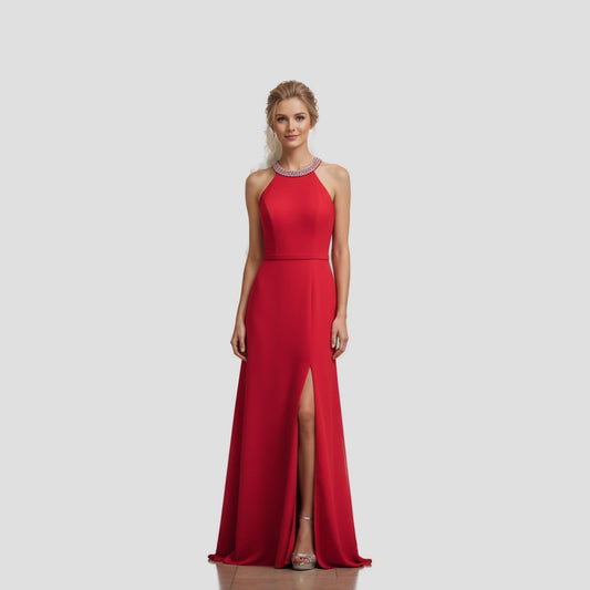 Show-Stopping Red Gown with Daring Neckline for Bold Nights