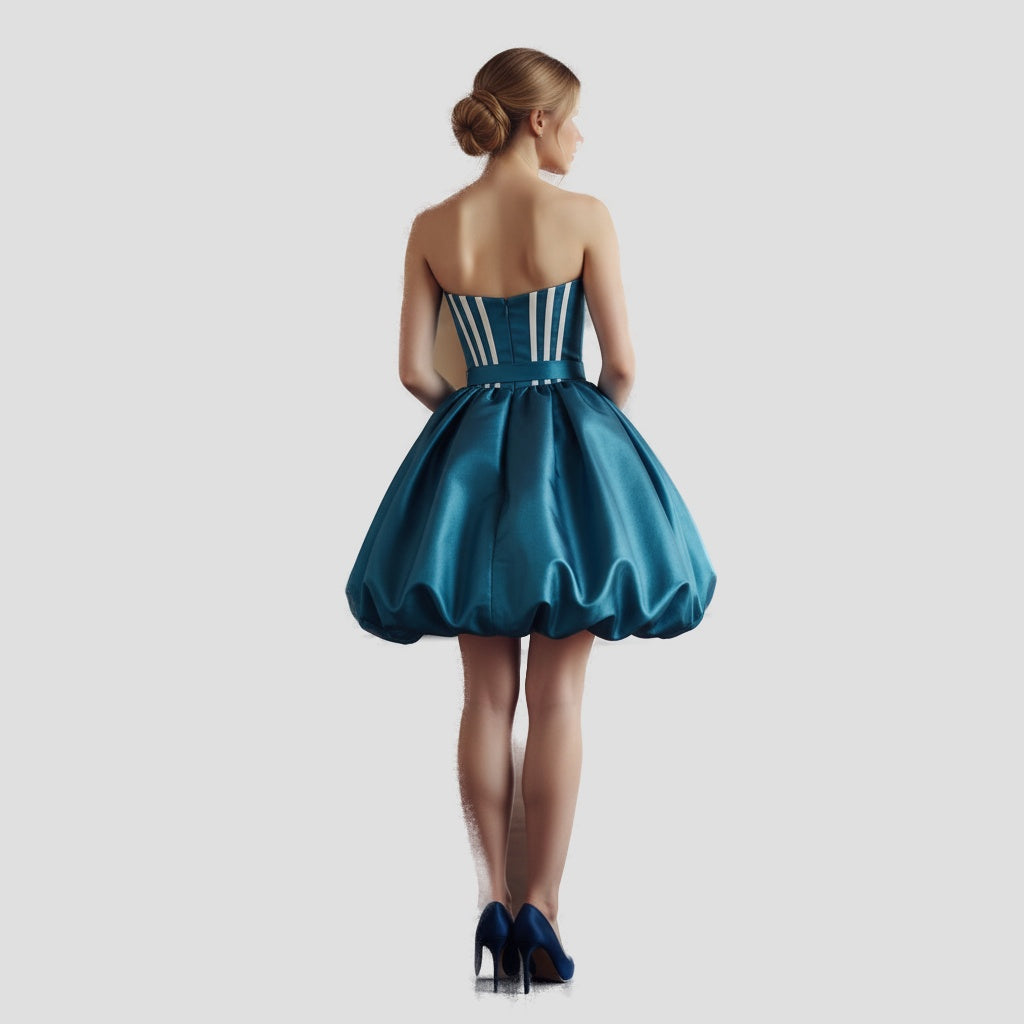 Dramatic Teal Satin Strapless Party Dress - Fierce & Flirty Vibes