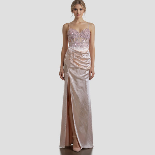 Dazzling Rose Quartz Satin Dress with Bejeweled Bodice