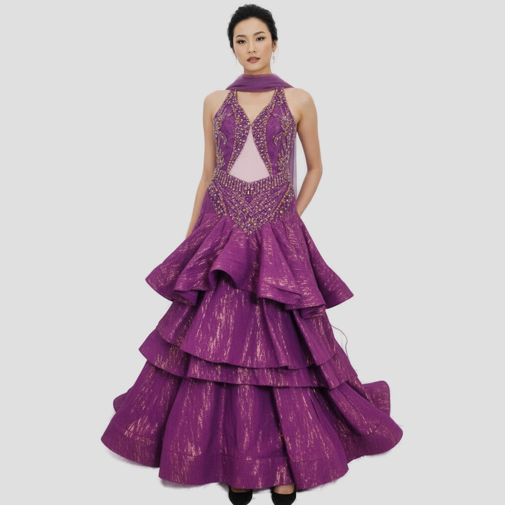 Dazzling Purple Mermaid Gown with Layered Drama