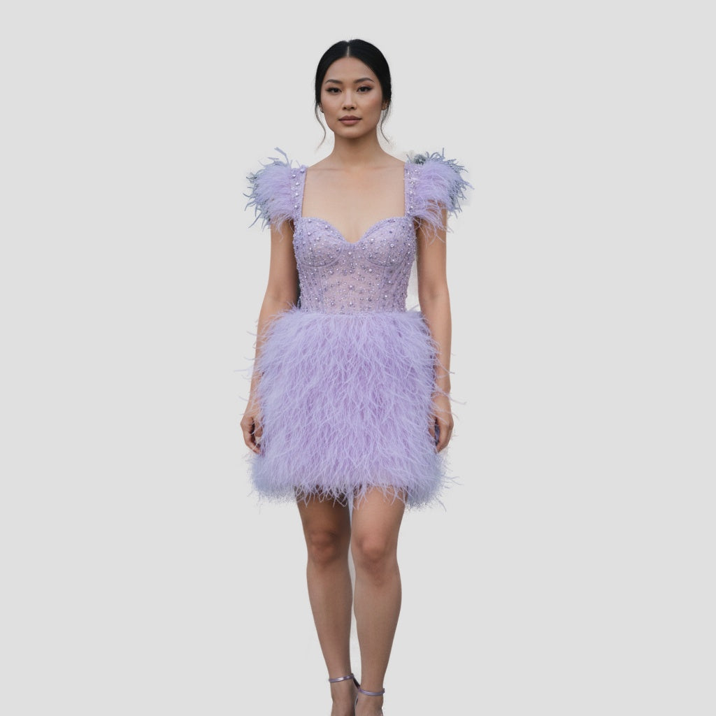 Radiant Lilac Feathered Fantasy Dress for Dazzling Entrances