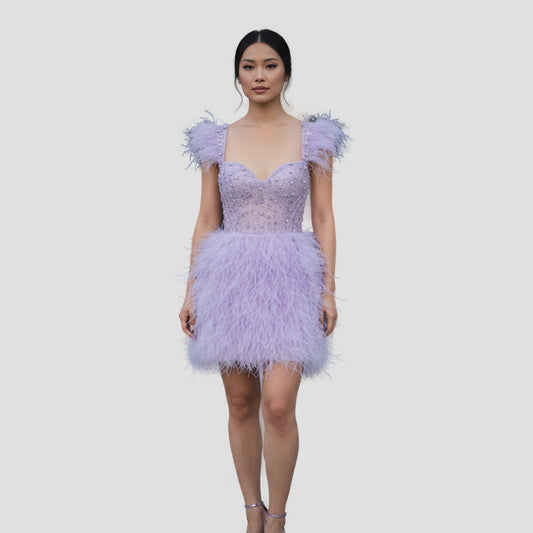 Radiant Lilac Feathered Fantasy Dress for Dazzling Entrances