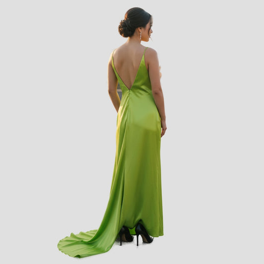 Antonio Castelle Dazzling Lime Satin Gown for Show-Stopper Moments