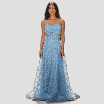Elegant Blue Butterfly Lace Gown for Special Occasions