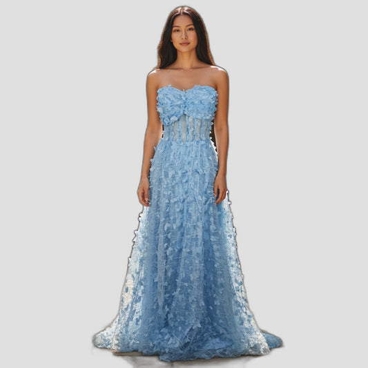Elegant Blue Butterfly Lace Gown for Special Occasions
