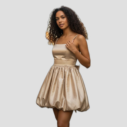 Chic Cream Satin Bow Back Mini Dress for Parties & Dates