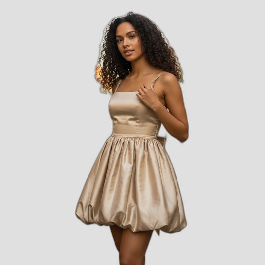 Chic Cream Satin Bow Back Mini Dress for Parties & Dates