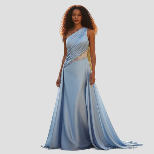Dazzling Sky Blue Glam Satin Gown for Red Carpet Moments
