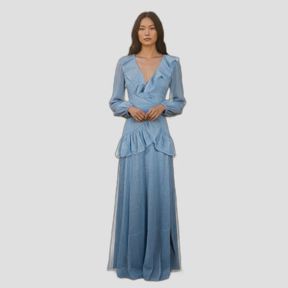 Elegant Blue Chiffon Midi Dress with Sheer Sleeves for Special Occasions