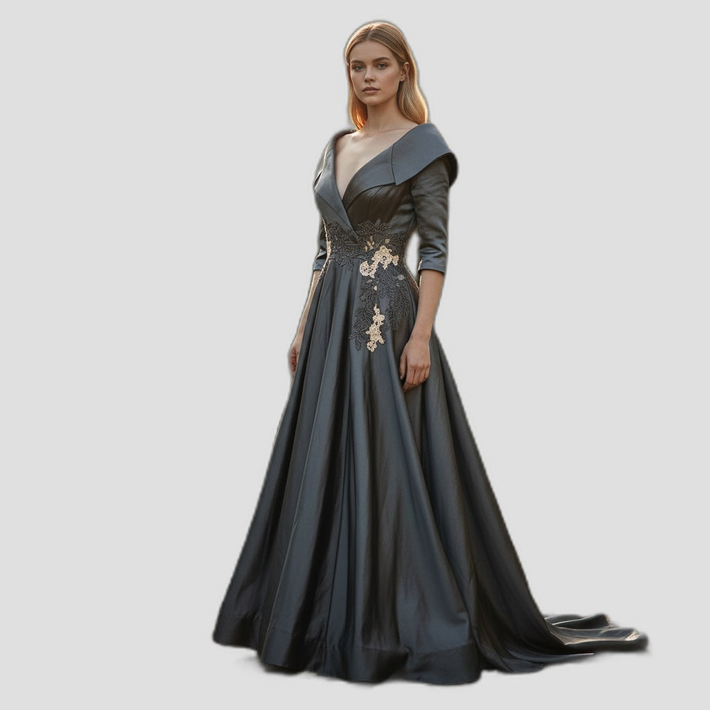 Elegant Black Satin Evening Gown with Dramatic Collar